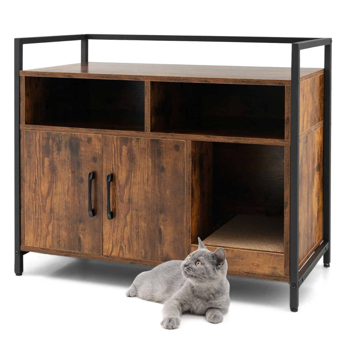 Wooden Cat Litter Box Enclosure with Compartments and Scratching Board-Coffee