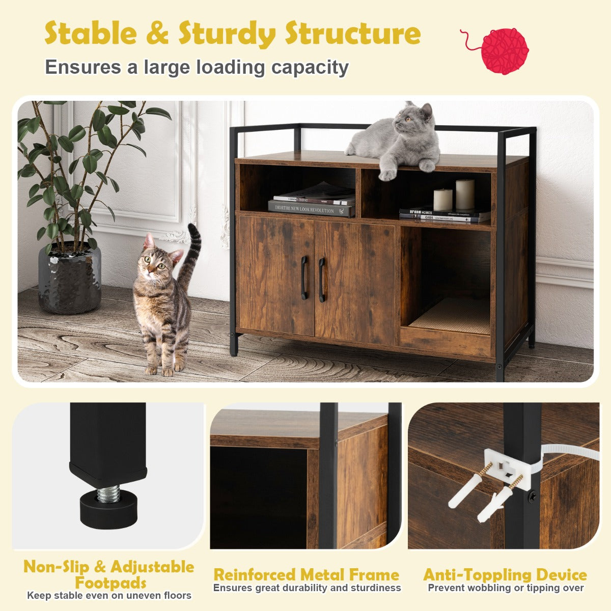 Wooden Cat Litter Box Enclosure with Compartments and Scratching Board-Coffee