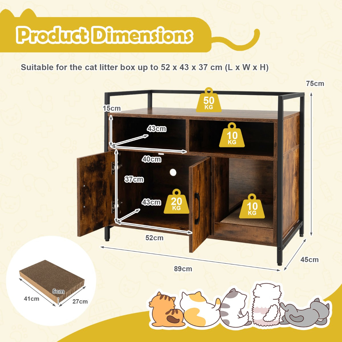 Wooden Cat Litter Box Enclosure with Compartments and Scratching Board-Coffee