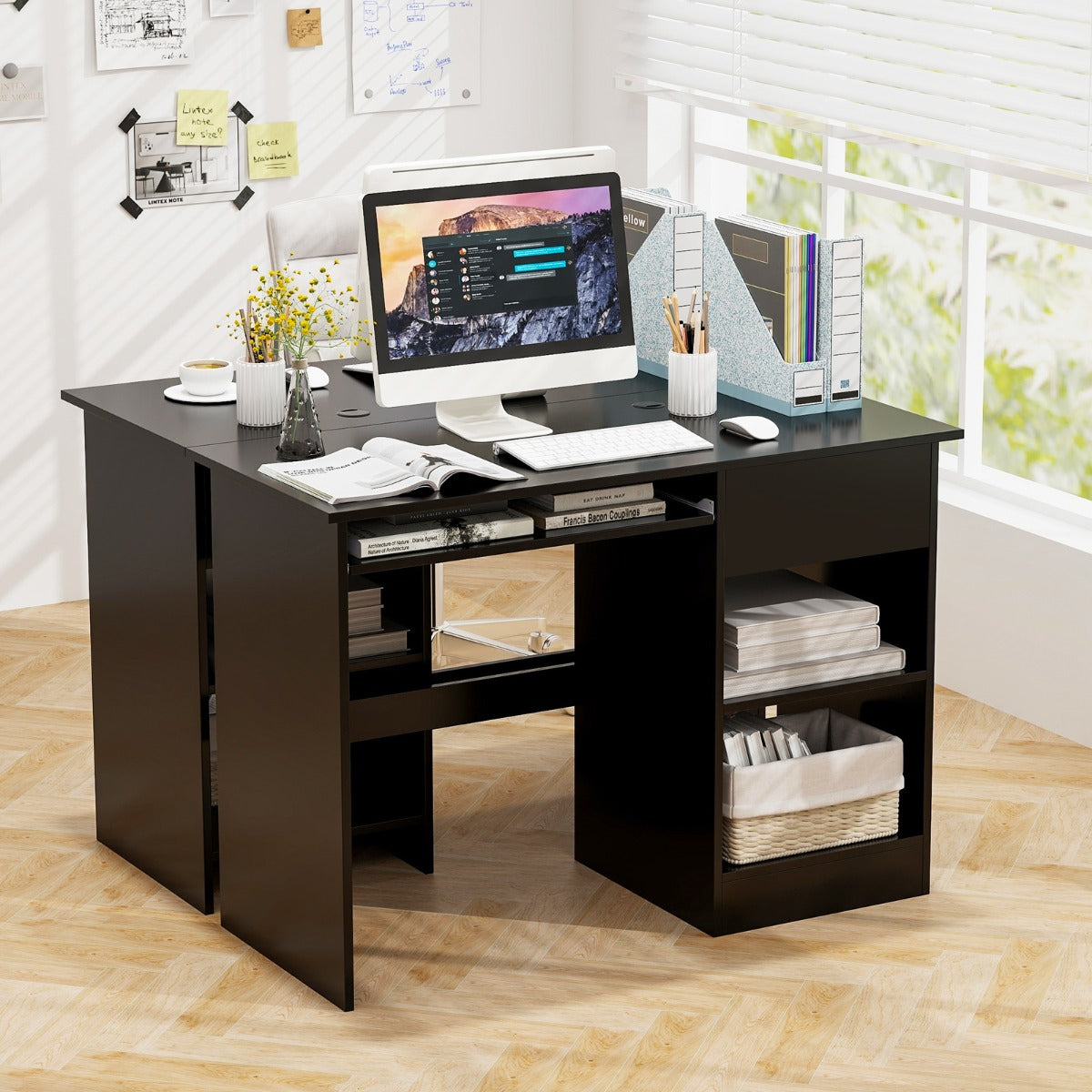 Wooden Computer Desk with Pull-out Keyboard Tray and Adjustable Storage Shelves-Black