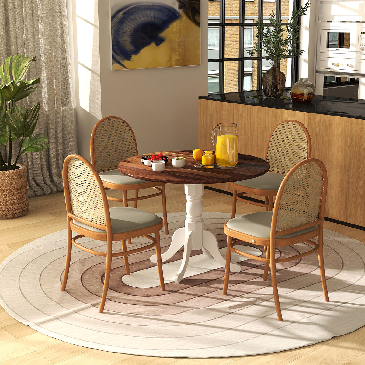 Wooden Dining Table with Round Tabletop and Curved Trestle Legs-Walnut & White