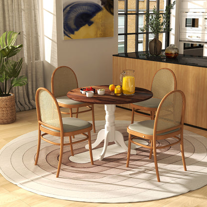 Wooden Dining Table with Round Tabletop and Curved Trestle Legs-Walnut & White