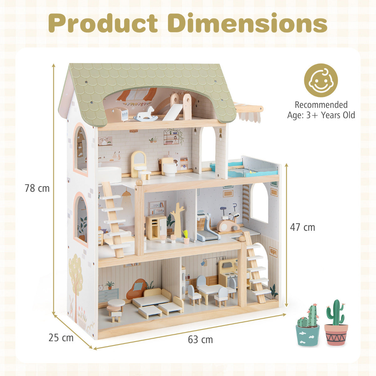 Wooden Dollhouse with 33 PCS Furniture Accessories for Girls and Boys-Green