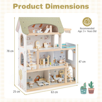 Wooden Dollhouse with 33 PCS Furniture Accessories for Girls and Boys-Green