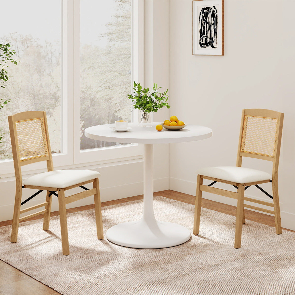 Wooden Folding Chairs Set of 2 Rustic Rubber Wood Dining Chairs with Linen Padded Seat-Brown