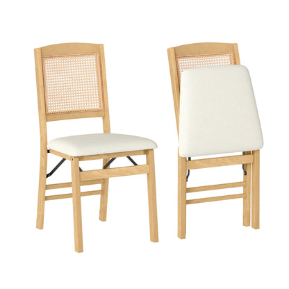 Wooden Folding Chairs Set of 2 Rustic Rubber Wood Dining Chairs with Linen Padded Seat-Brown