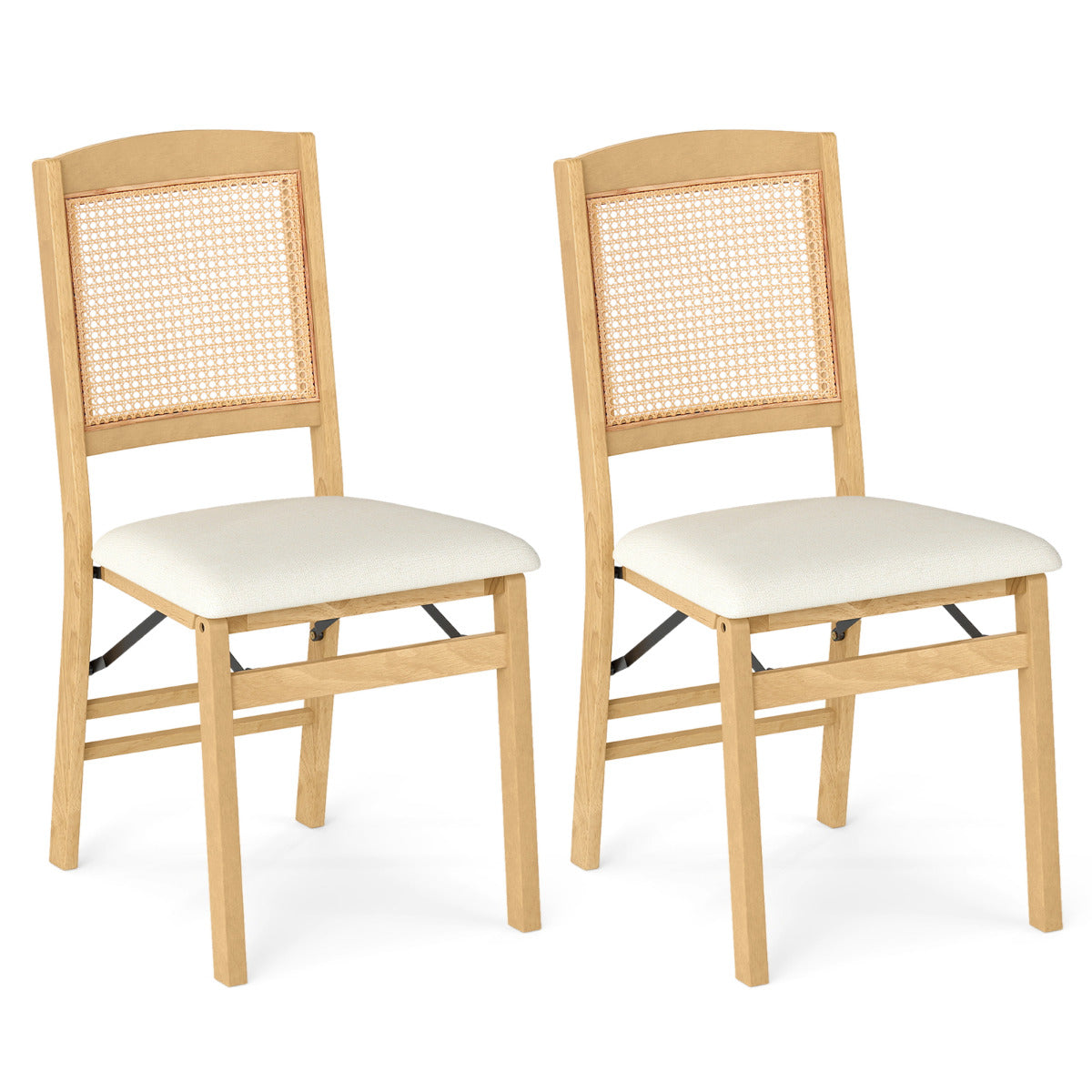 Wooden Folding Chairs Set of 2 Rustic Rubber Wood Dining Chairs with Linen Padded Seat-Brown