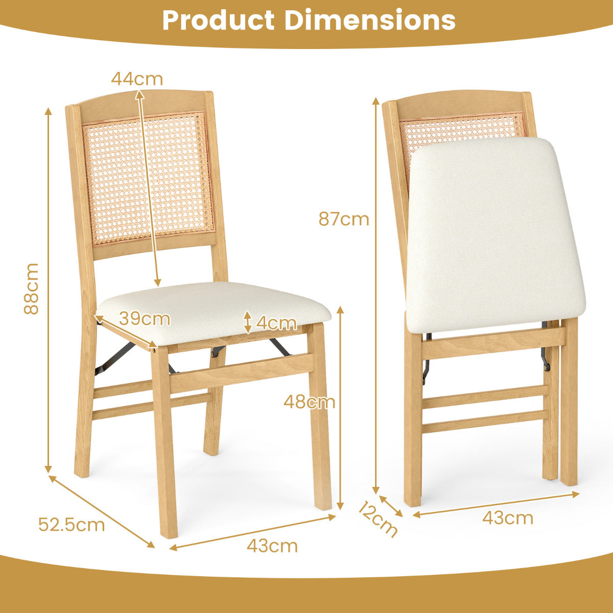 Wooden Folding Chairs Set of 2 Rustic Rubber Wood Dining Chairs with Linen Padded Seat-Brown