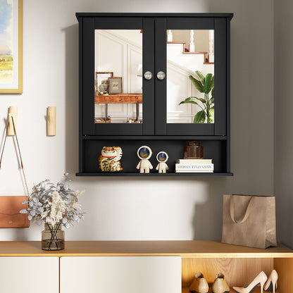 Wooden Hanging Medicine Organizer with Mirror and Adjustable Shelf-Black