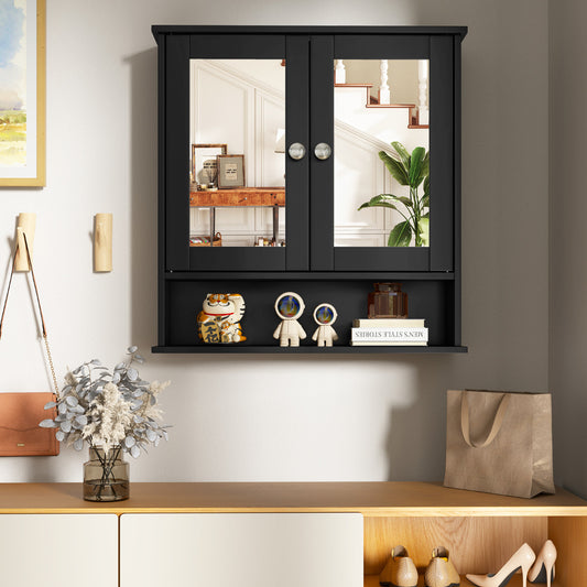 Wooden Hanging Medicine Organizer with Mirror and Adjustable Shelf-Black