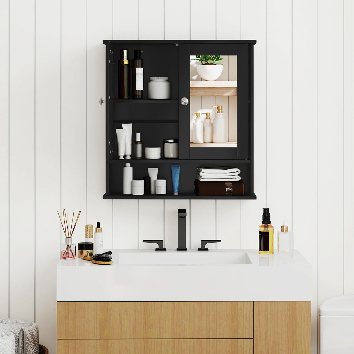 Wooden Hanging Medicine Organizer with Mirror and Adjustable Shelf-Black