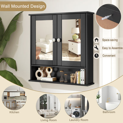 Wooden Hanging Medicine Organizer with Mirror and Adjustable Shelf-Black