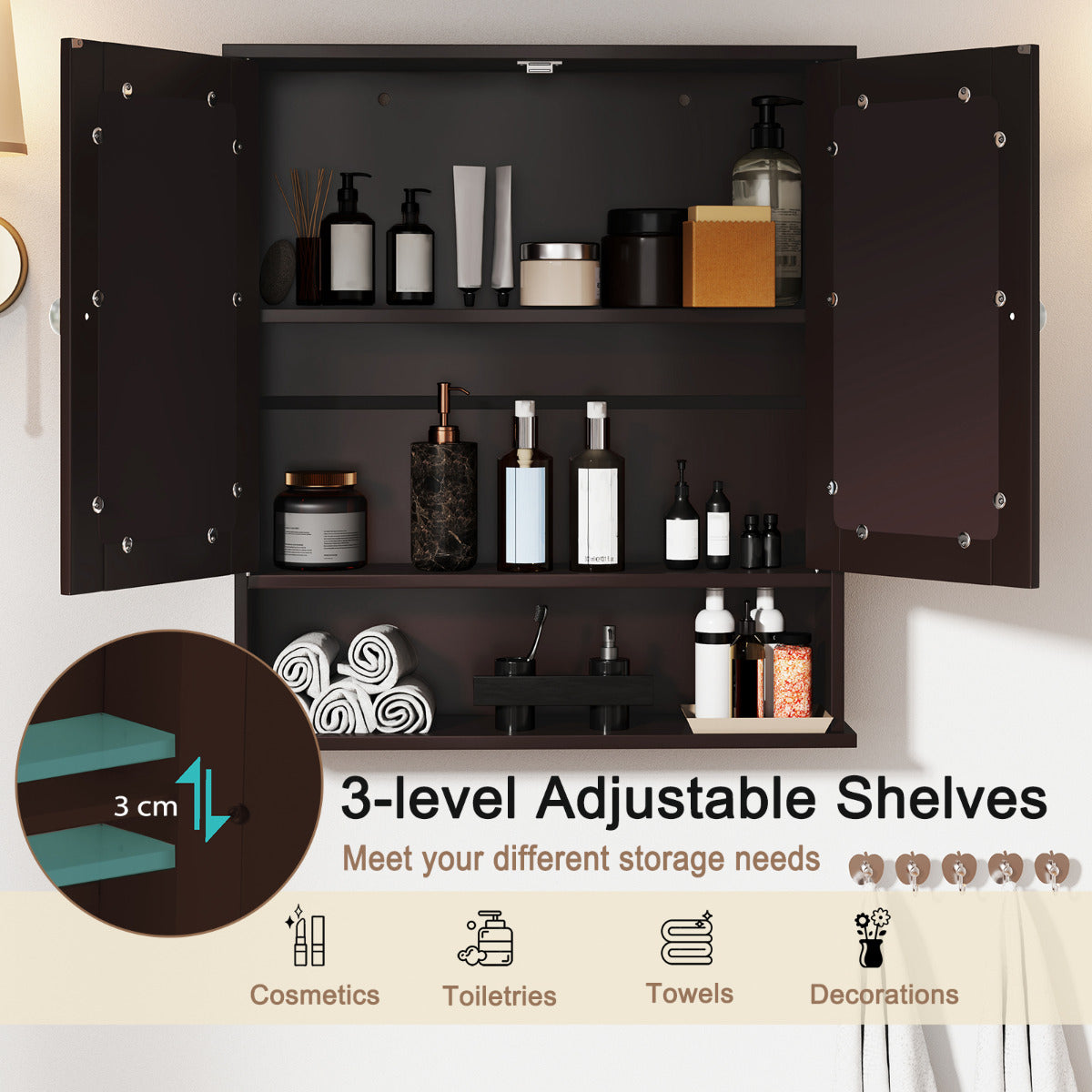 Wooden Hanging Medicine Organizer with Mirror and Adjustable Shelf-Rustic Brown