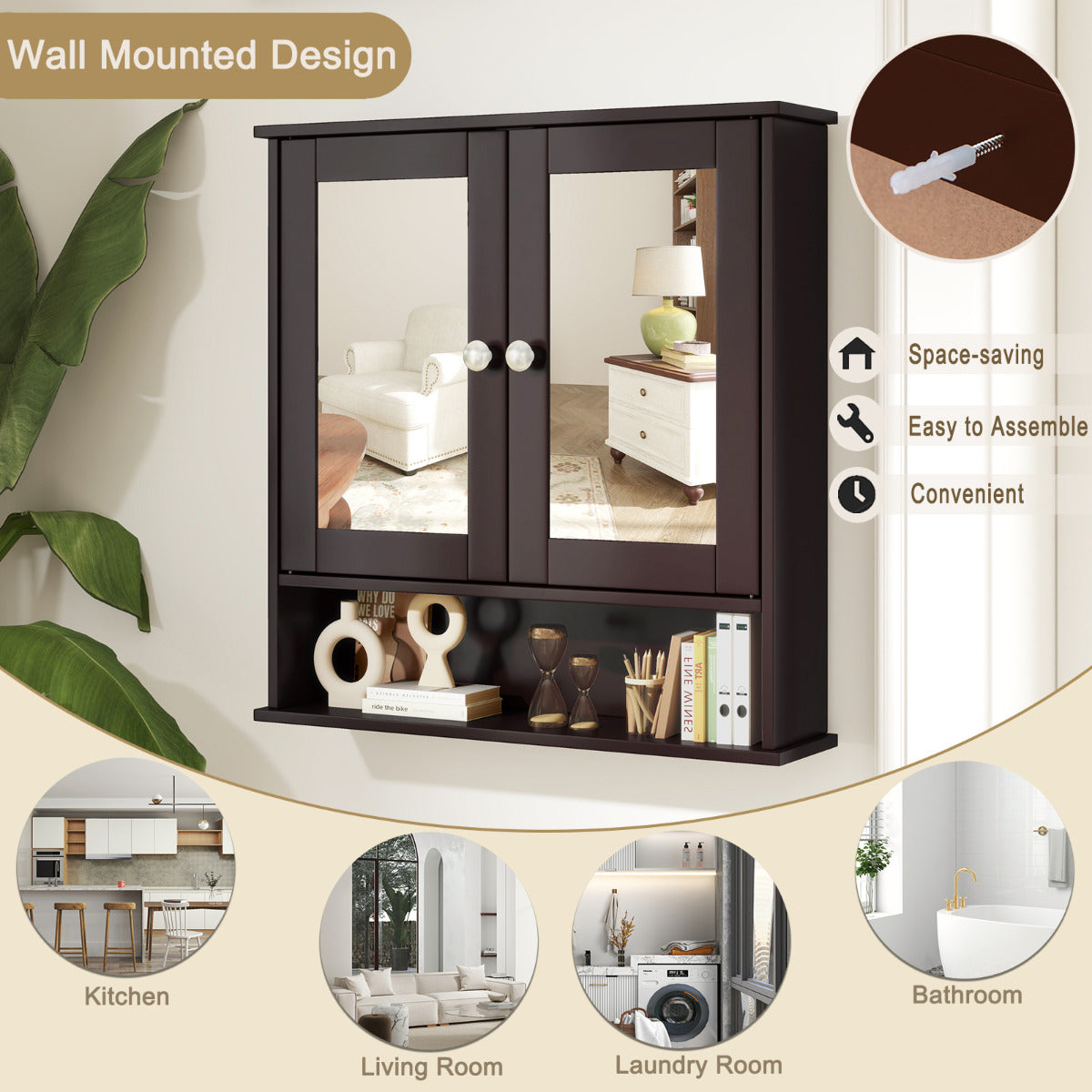 Wooden Hanging Medicine Organizer with Mirror and Adjustable Shelf-Rustic Brown