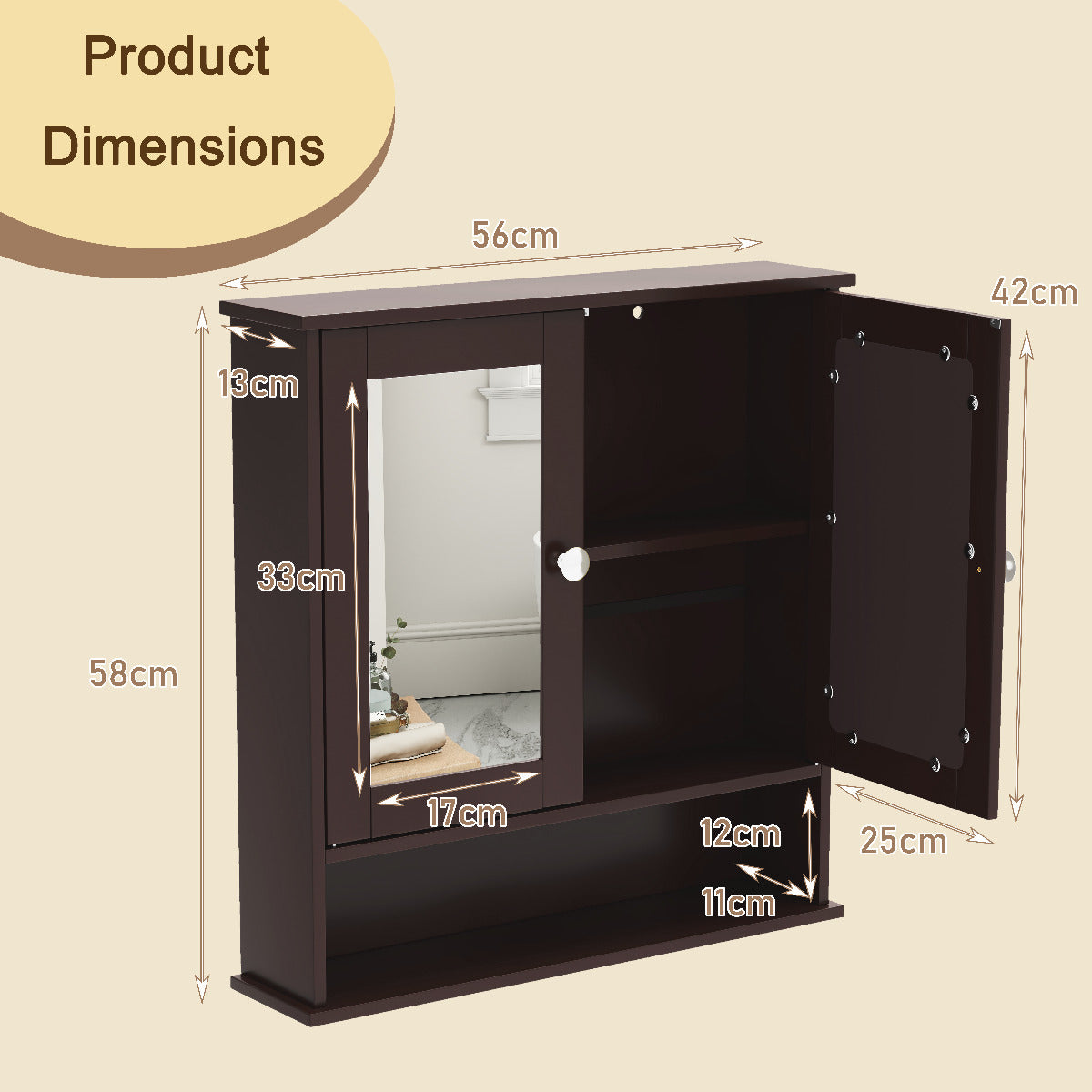 Wooden Hanging Medicine Organizer with Mirror and Adjustable Shelf-Rustic Brown
