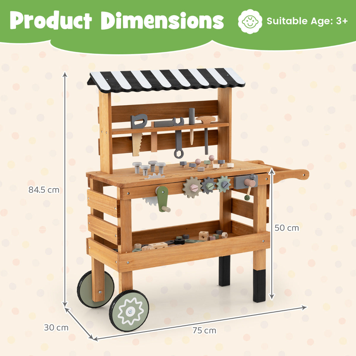 Wooden 2-in-1 Outdoor Kids Rolling Cart with Play Tools Set-Brown