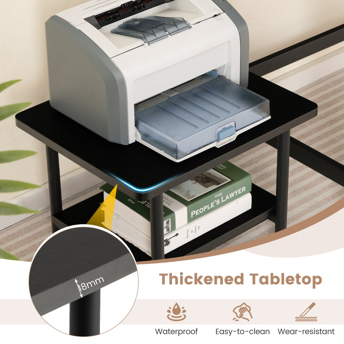 2 Tier Wooden Printer Stand with 360° Swivel Casters-Black