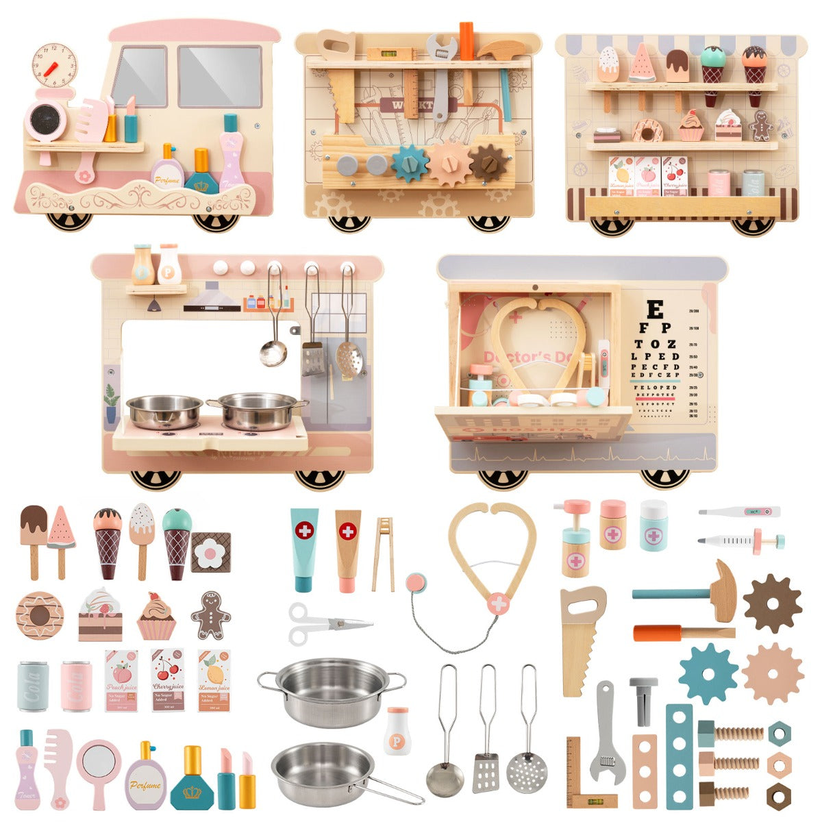 Wooden Sensory Wall Panel with Vanity and Doctor Kit for Kids