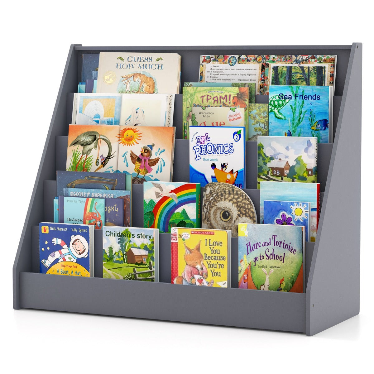 5-Tier Wooden Toddler Book Shelf Stand with Deep Compartments-Grey