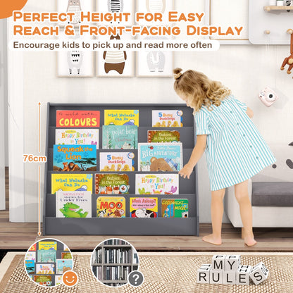 5-Tier Wooden Toddler Book Shelf Stand with Deep Compartments-Grey