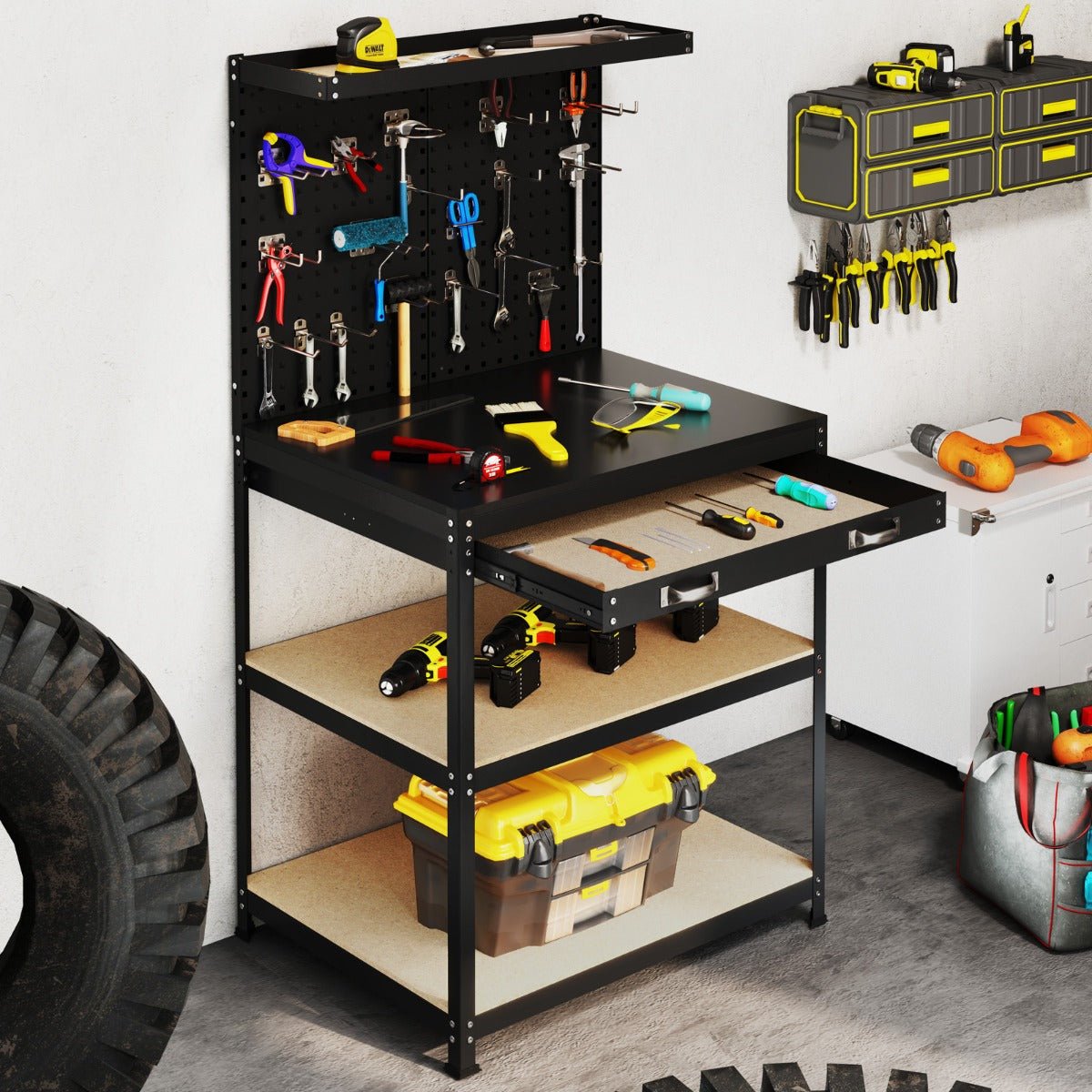 81 x 41 CM Workbench with Pegboard and Drawer and Shelves-Black
