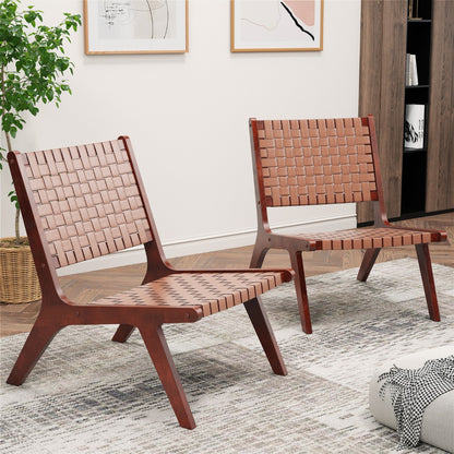 Woven Leather Accent Chair with Wood Frame Armless Reading Side Chair-Brown