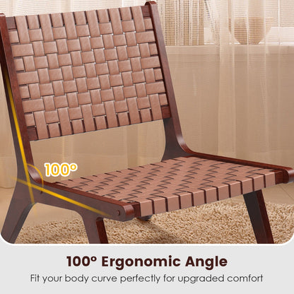 Woven Leather Accent Chair with Wood Frame Armless Reading Side Chair-Brown