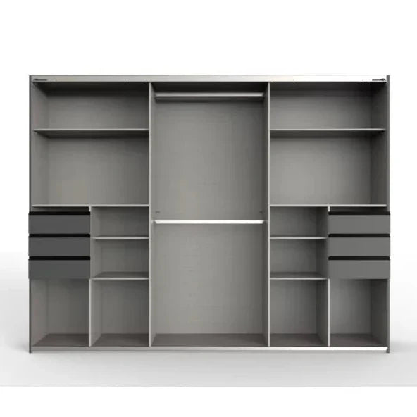 Gray wardrobe with multiple shelves and doors on a white background