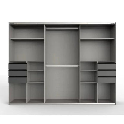 Gray wardrobe with multiple shelves and doors on a white background
