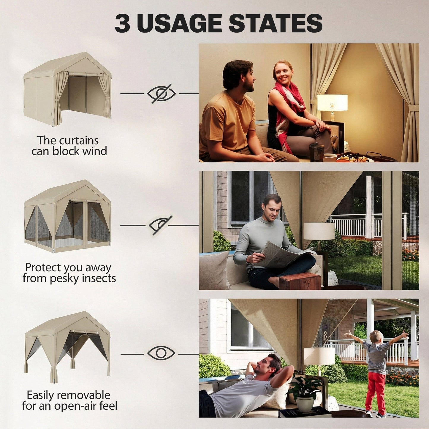 Outsunny 3 x 3 m Patio Gazebo with Netting & Curtains, Outdoor Canopy Shelter with Galvanised Steel Frame, Khaki