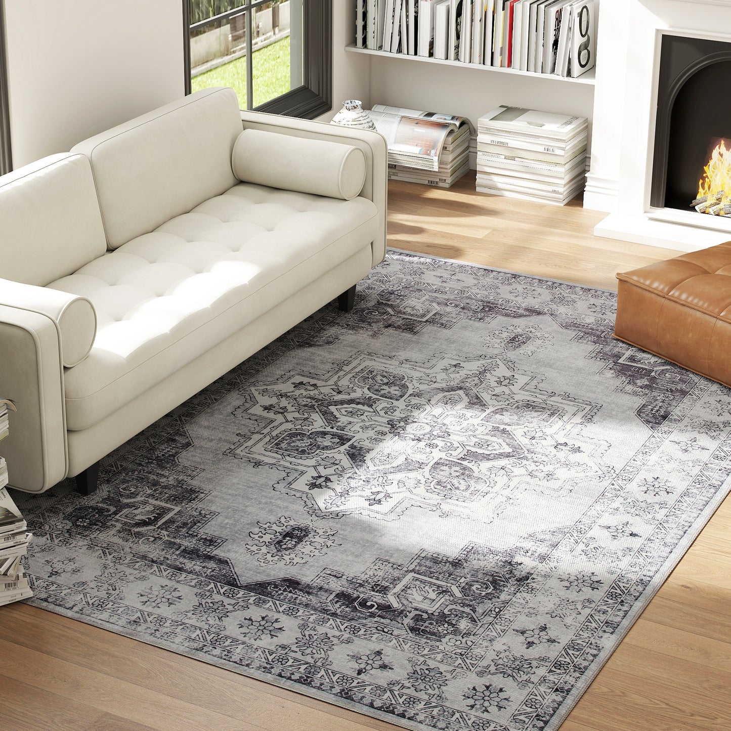 HOMCOM Vintage Area Rug, Non-Slip Washable Rug, Flannel Floor Carpet for Living Room, Bedroom, Dining Room, Home Office, 290 x 200 cm, Grey
