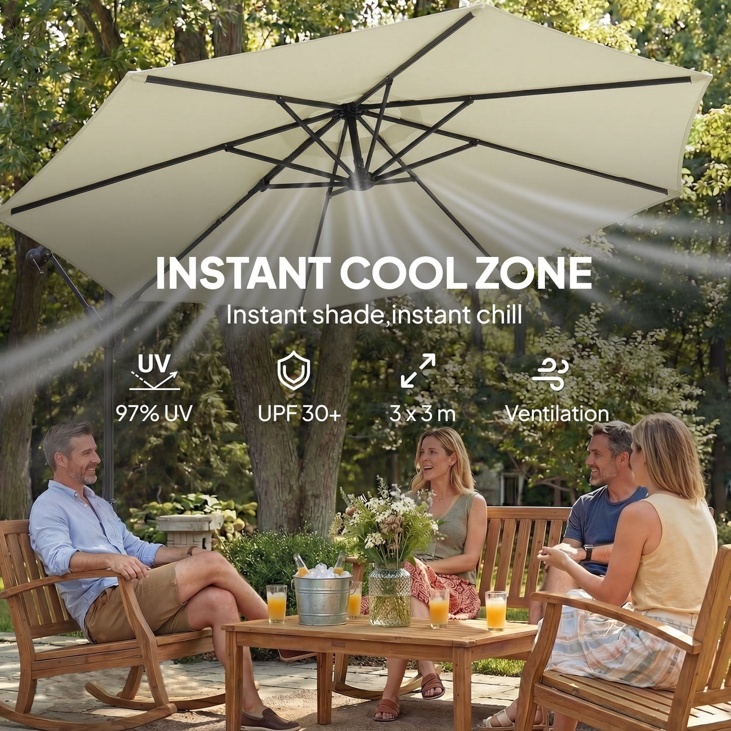 Outsunny 3 m Garden Cantilever Parasol with Cross Base, Sandbag, 360Â° Rotating Overhanging Banana Umbrella, Beige