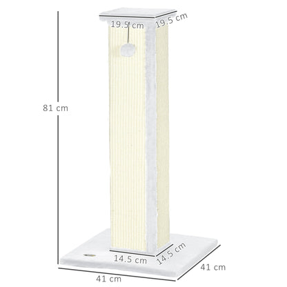PawHut 81cm Cat Scratcher, Vertical Full Scratcher w/ Natural Sisal Rope, Hanging Ball, Soft Plush - White