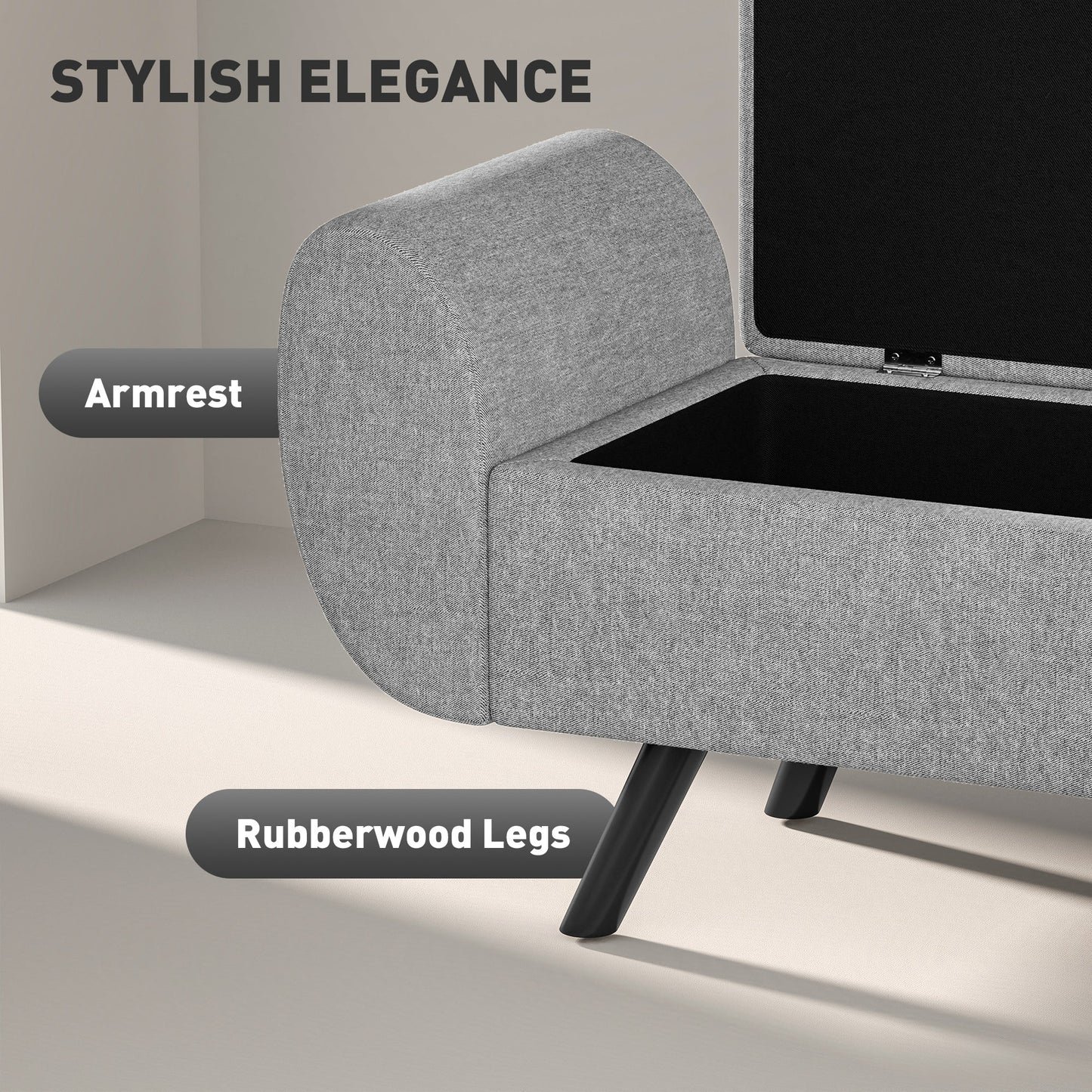 HOMCOM Storage Ottoman with Armrest, Upholstered Linen Storage Bench, Window Seat with Rubberwood Legs, Footstool for Bedroom Living Room, Hallway, Dark Grey