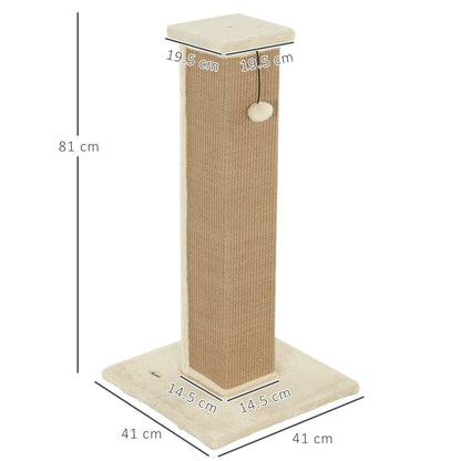 PawHut 81cm Cat Scratcher, Vertical Full Scratcher w/ Natural Jute Rope, Hanging Ball, Soft Plush - Beige