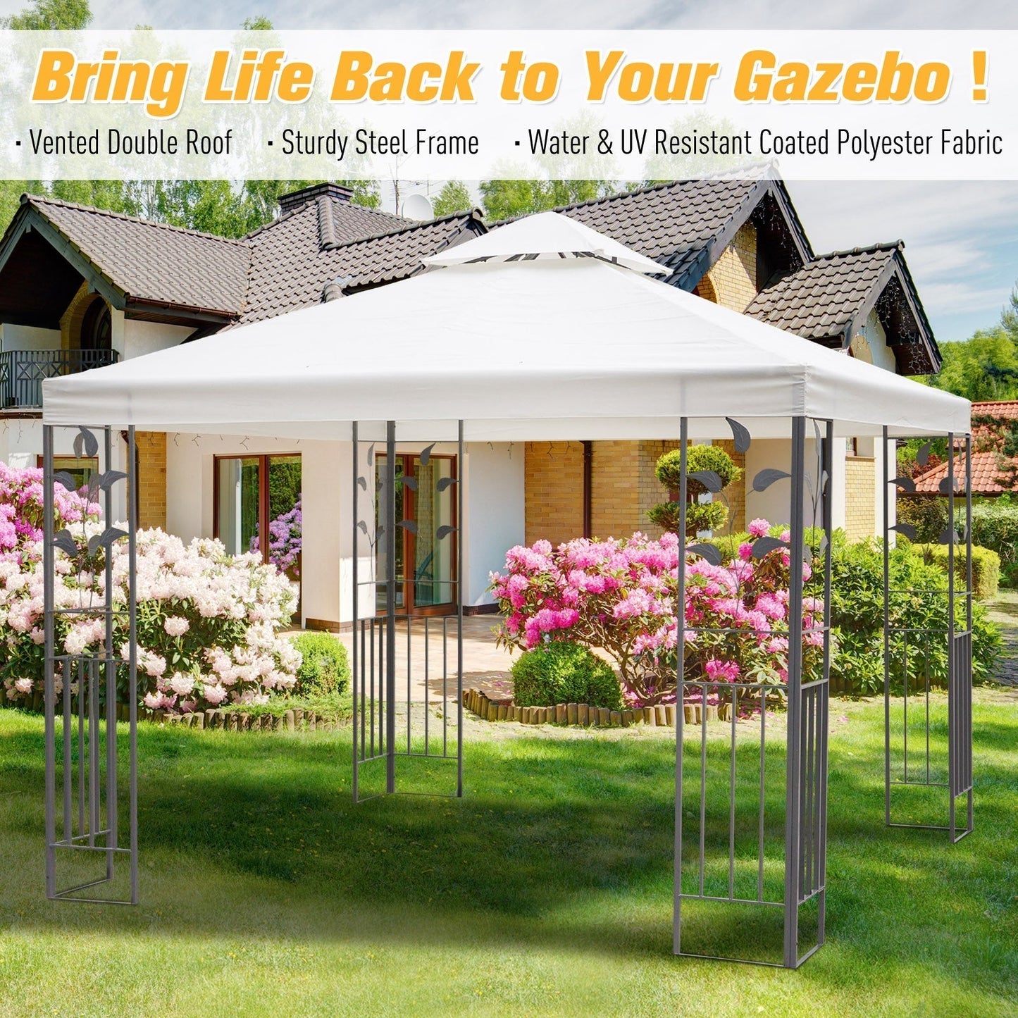 Outsunny 3 x 3m Outdoor Steel Gazebo with 2 Tier Roof, Garden Gazebo Patio Canopy Marquee Shelter with Decorative Steel Frame - Cream