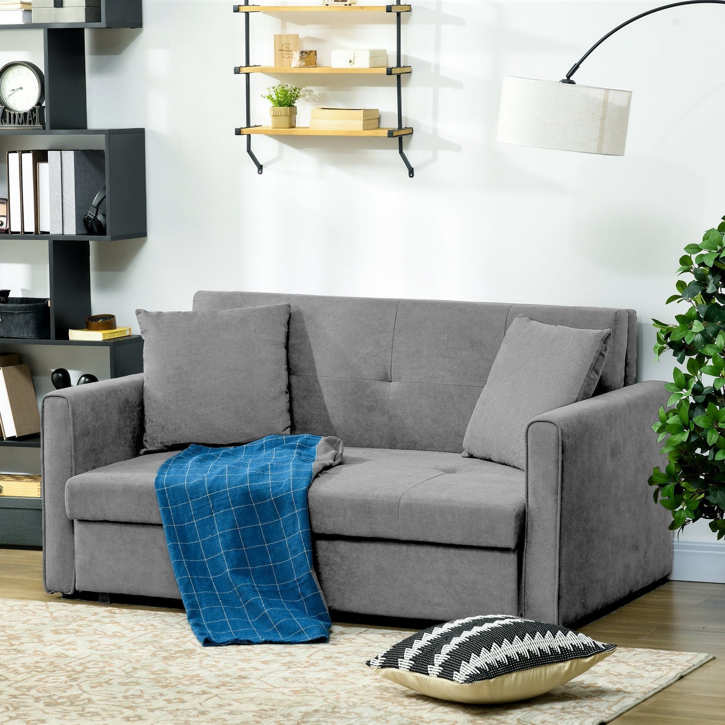 HOMCOM 2 Seater Sofa Bed, Convertible Bed Settee, Modern Velvet Loveseat Sofa Couch with 2 Cushions, Hidden Storage for Living Room, Guest Room, Grey