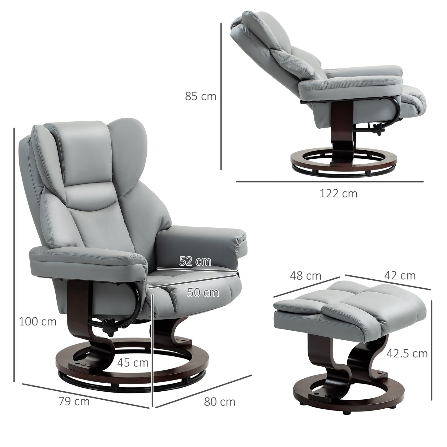 HOMCOM 360Â° Swivel Recliner Chair with Footstool, PU Leather Manual Recliner Armchair with Footstool, Solid Wood Base, Upholstered Reclining Chair for Living Room, Bedroom, Office, Light Grey