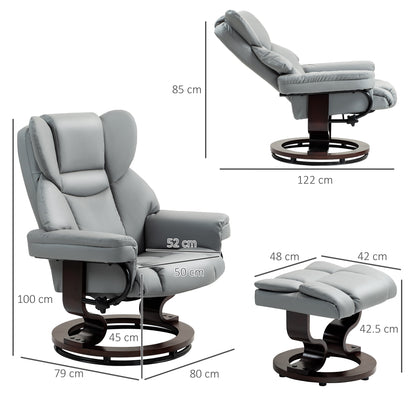 HOMCOM 360Â° Swivel Recliner Chair with Footstool, PU Leather Manual Recliner Armchair with Footstool, Solid Wood Base, Upholstered Reclining Chair for Living Room, Bedroom, Office, Light Grey