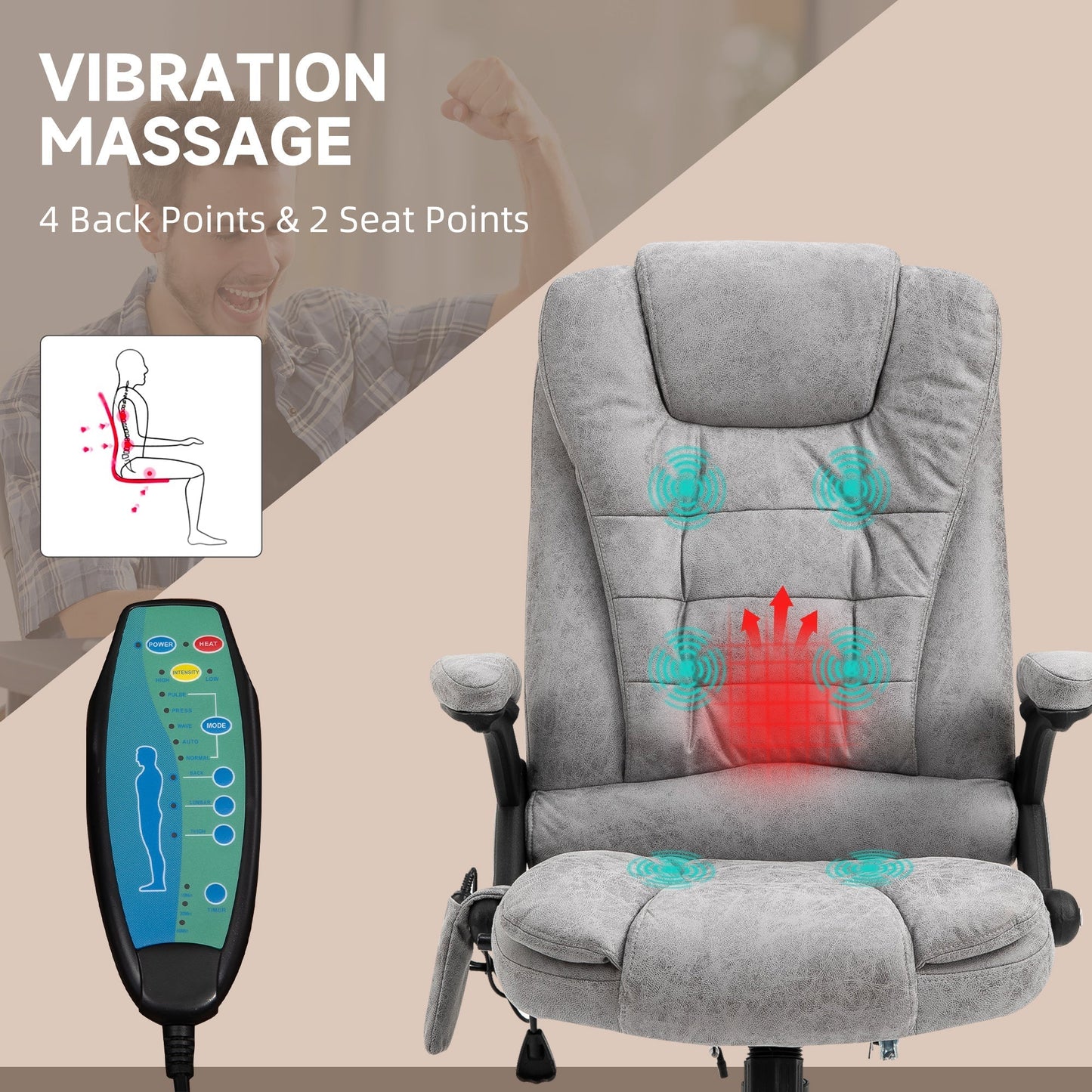 Vinsetto Massage Recliner Chair Heated Office Chair with Six Massage Points Microfiber Cloth 360 Swivel Wheels Grey