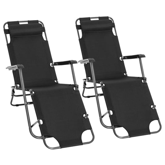 Outsunny 2 in 1 Folding Sun Lounger Reclining Garden Chair Set of 2 with 2-Level Adjustable Backrest, Outdoor Zero Gravity Recliner Garden Chairs with Head Pillow and Armrests, Black