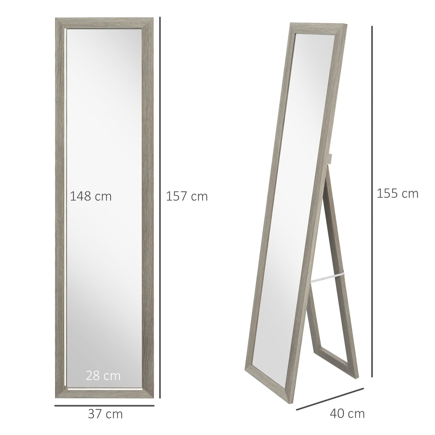 HOMCOM Full Length Mirror, 37 x 157 cm, Hanging or Freestanding, Rectangular Glass Full Body Mirror with Frame for Living Room, Bedroom, Cloakroom, Grey