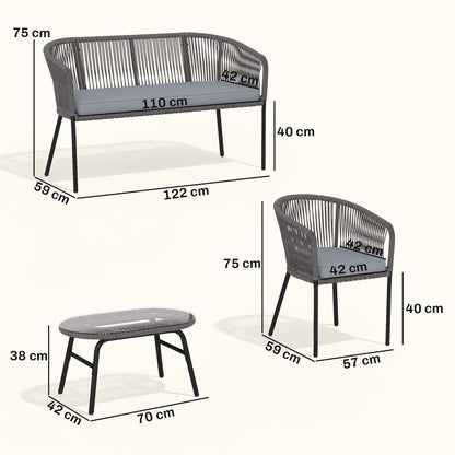Outsunny 4 Piece Garden Furniture Set, Rope Garden Sofa Set with 1 Loveseat 2 Chairs Tempered Glass Table Cushions, Dark Grey