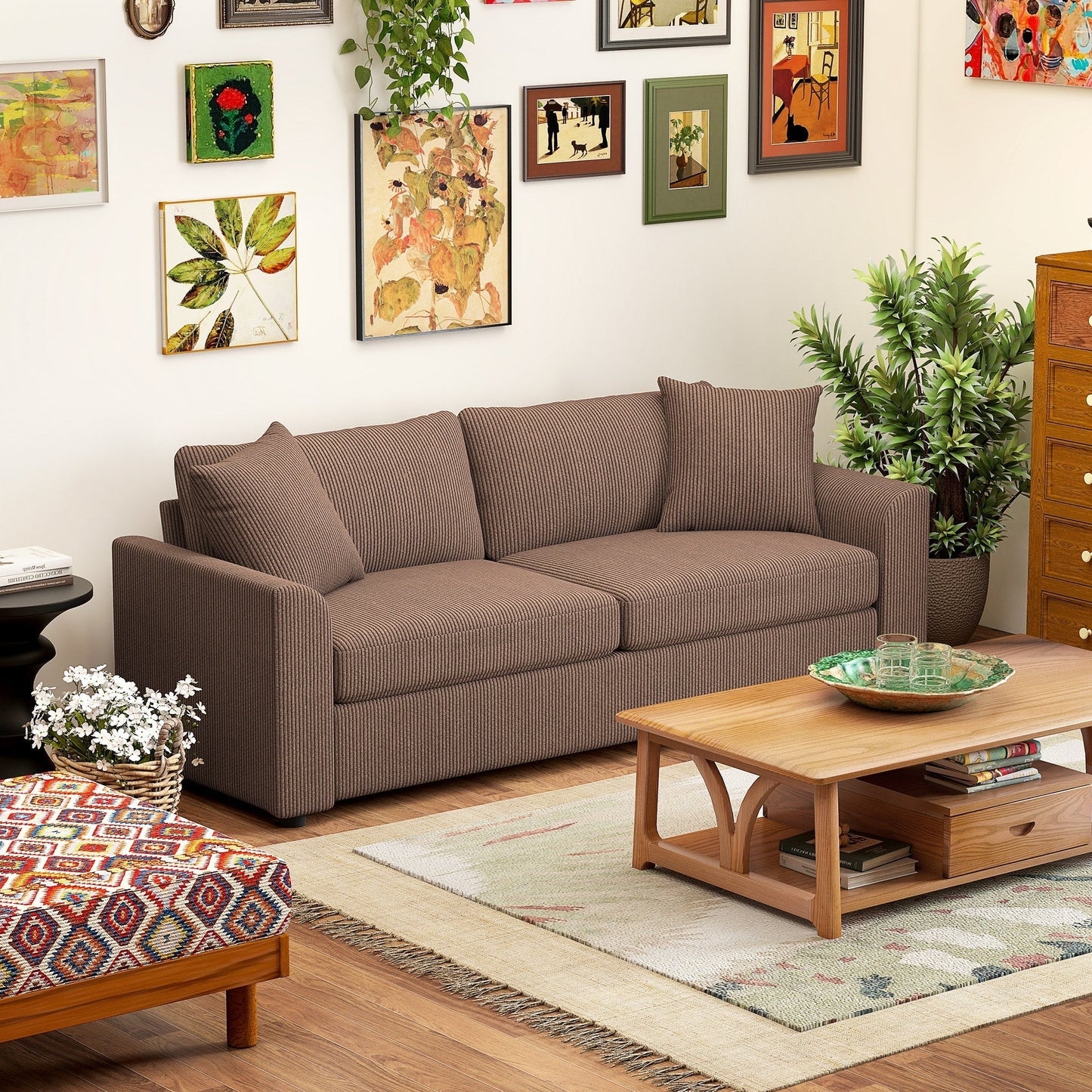 HOMCOM Modern 3 Seater Sofa with Spring Cushion, 212 cm Fabric Jumbo Cord Sofa Couch with 2 Scatter Cushions, Upholstered Corduroy Settee for Living Room, Bedroom, Home Office, Coffee