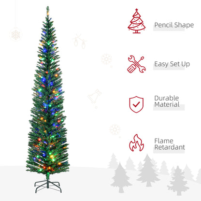 HOMCOM 7.5' Artificial Prelit Christmas Trees Holiday DÃ©cor with Colourful LED Lights, Pencil Shape, Steel Base