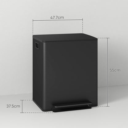 HOMCOM 50L Dual Compartment Stainless Steel Bin, with Deodoriser Holders - Black