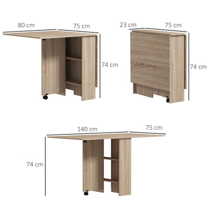 HOMCOM Folding Dining Table, Drop Leaf Table for Small Spaces with 2-tier Shelves, Small Kitchen Table with Rolling Casters, Natural