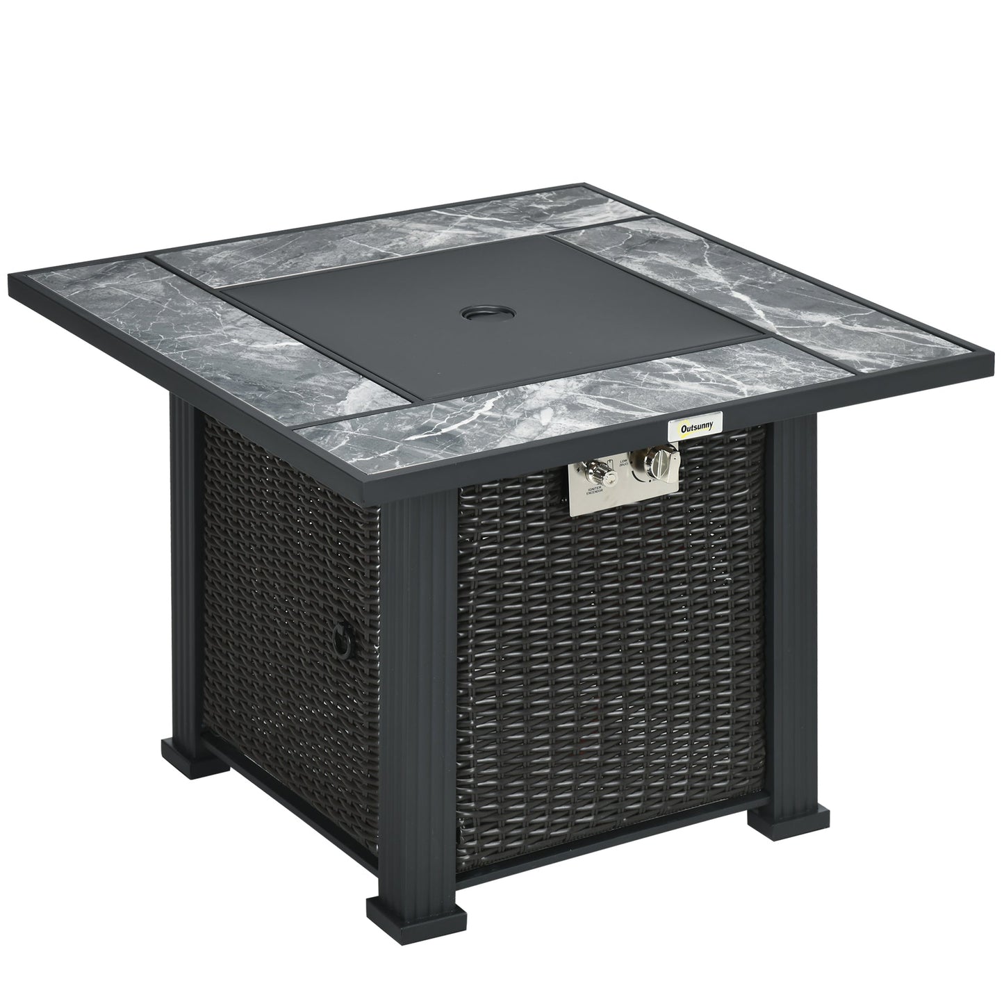 Outsunny Outdoor PE Rattan Gas Fire Pit Table, Patio Square Propane Heater with Marble Desktop, Rain Cover, Glass Windscreen, and Glass Stones, 50,000 BTU, Black