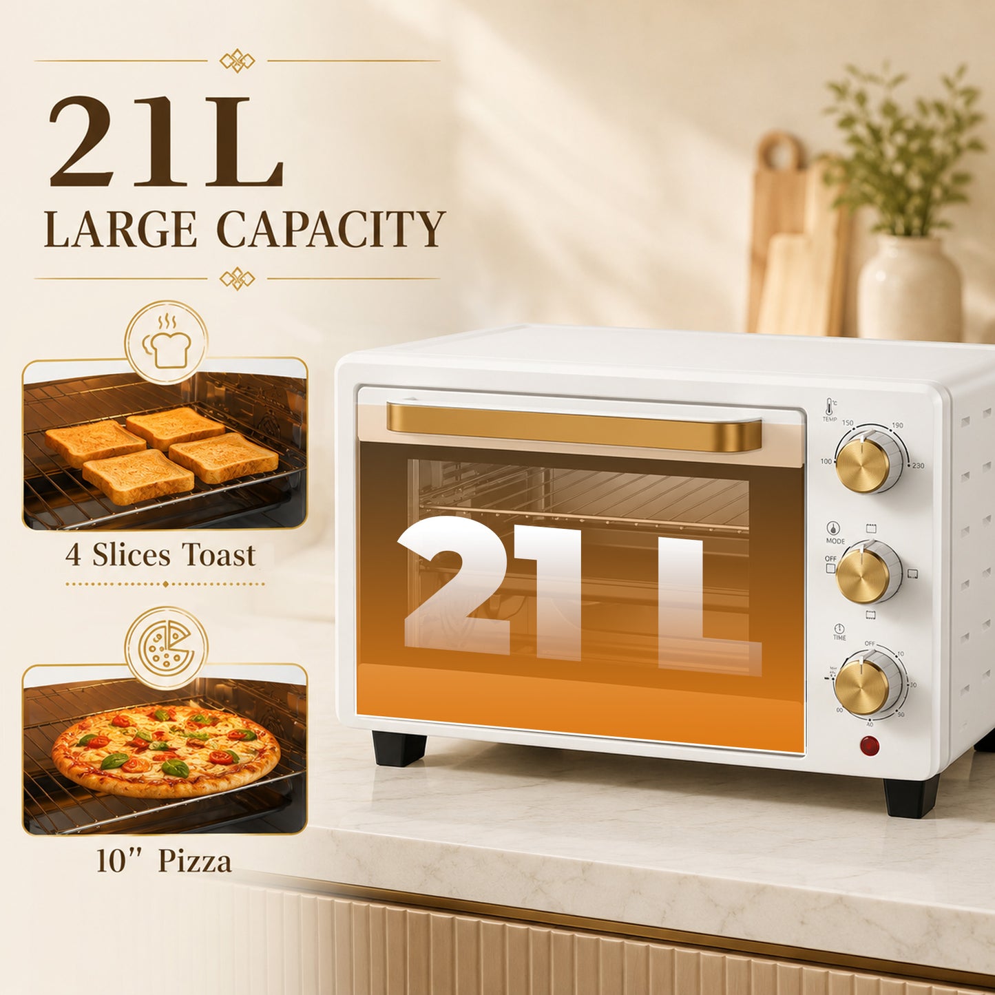 HOMCOM 21L Mini Countertop Oven, 100Â°C-230Â°C Adjustable Temperature, White