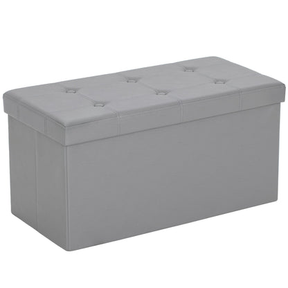 HOMCOM Storage Ottoman Bench, 89L PU Leather Folding Foot Rest Stool, End of Bed Bench, Easy Assembly, for Living Room, Bedroom, Entryway, Grey